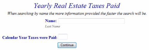 Search for real estate taxes paid by name and calendar year example screen