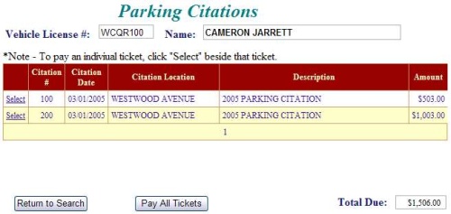 View parking citations example screen