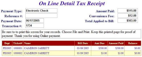 e-check receipt example screen