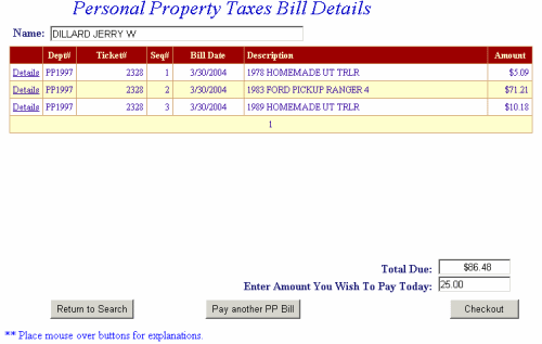 Tax bill details example screen