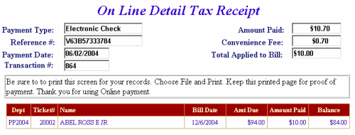 Echeck receipt example screen