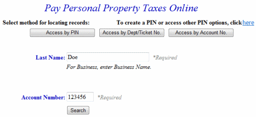 Search by account number example screen
