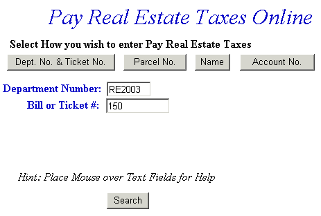 Search by department/ticket number example screen